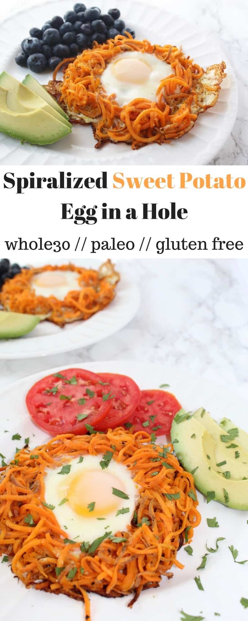 This Sweet Potato Egg in a Hole uses spiralized sweet potatoes as a nest to hold your eggs, making breakfast gluten free, paleo, Whole30, nutritious, & fun! - Eat the Gains