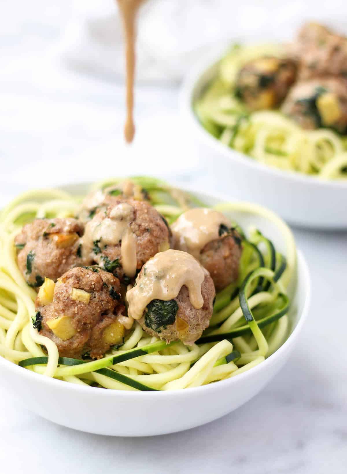 Turkey, Kale, & Apple Meatballs with Apple Tahini Sauce