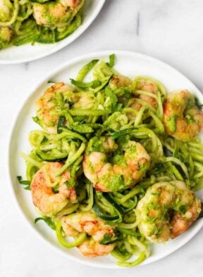 10 minutes + one pan is all you need for these Spicy Chimichurri Shrimp Zucchini Noodles! The easiest paleo, Whole30, and gluten free dinner for summer! - Eat the Gains