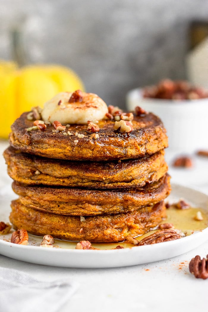 Healthy Pumpkin Protein Pancakes - Once Upon a Pumpkin