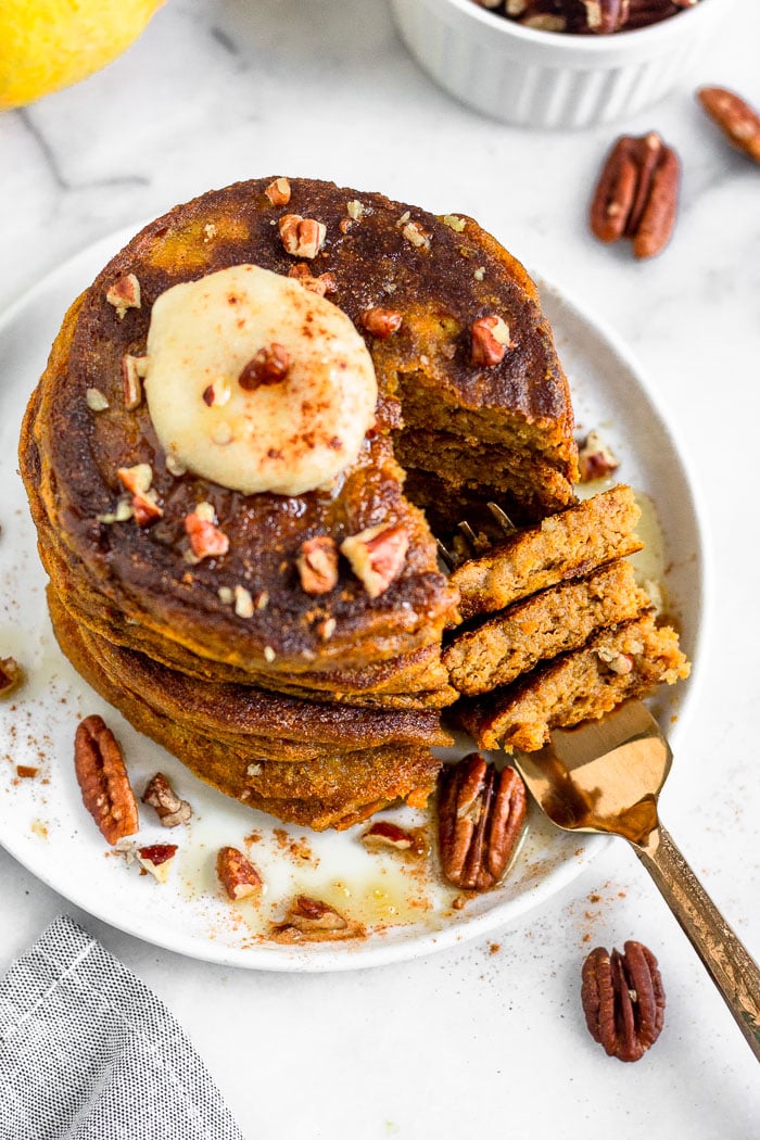 Healthy Pumpkin Protein Pancakes - Once Upon a Pumpkin