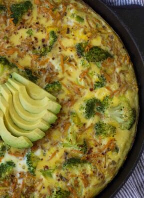 An easy and healthy breakfast, this Sweet Potato Broccoli Frittata packs veggies, carbs, protein, and healthy fats and is paleo and Whole30 approved! - Eat the Gains