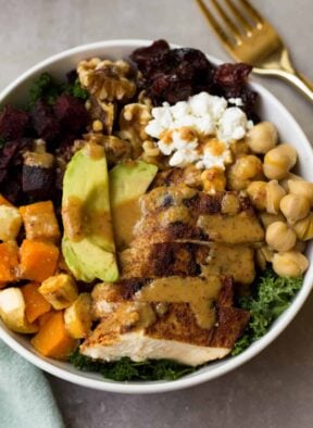 This Fall Veggie Chicken Power Bowl makes the perfect light, healthy, and gluten free winter meal - packed with protein, carbs, and healthy fats and so many vitamins & minerals! - Eat the Gains