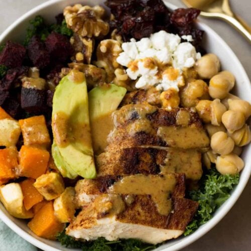 This Fall Veggie Chicken Power Bowl makes the perfect light, healthy, and gluten free winter meal - packed with protein, carbs, and healthy fats and so many vitamins & minerals! - Eat the Gains