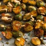 Close up of roasted cheesy buffalo brussel sprouts
