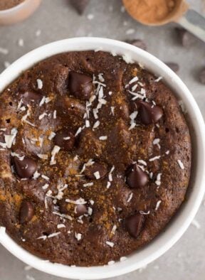 Overhead view of a chocolate protein mug cake in a bowl sprinkled with cinnamon and coconut flakes.