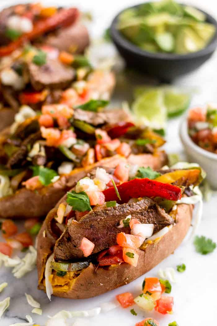 Steak Fajita Stuffed Sweet Potatoes (Paleo/Whole30) - Eat the Gains