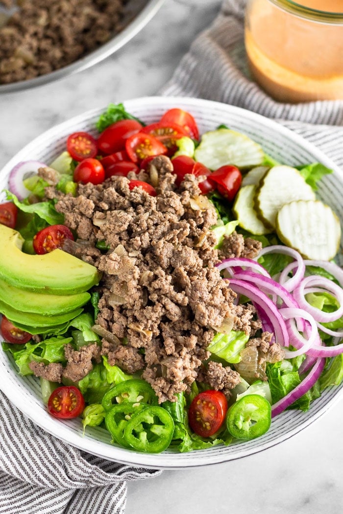 Burger Salad with Special Sauce Dressing (Paleo/Whole30 friendly)