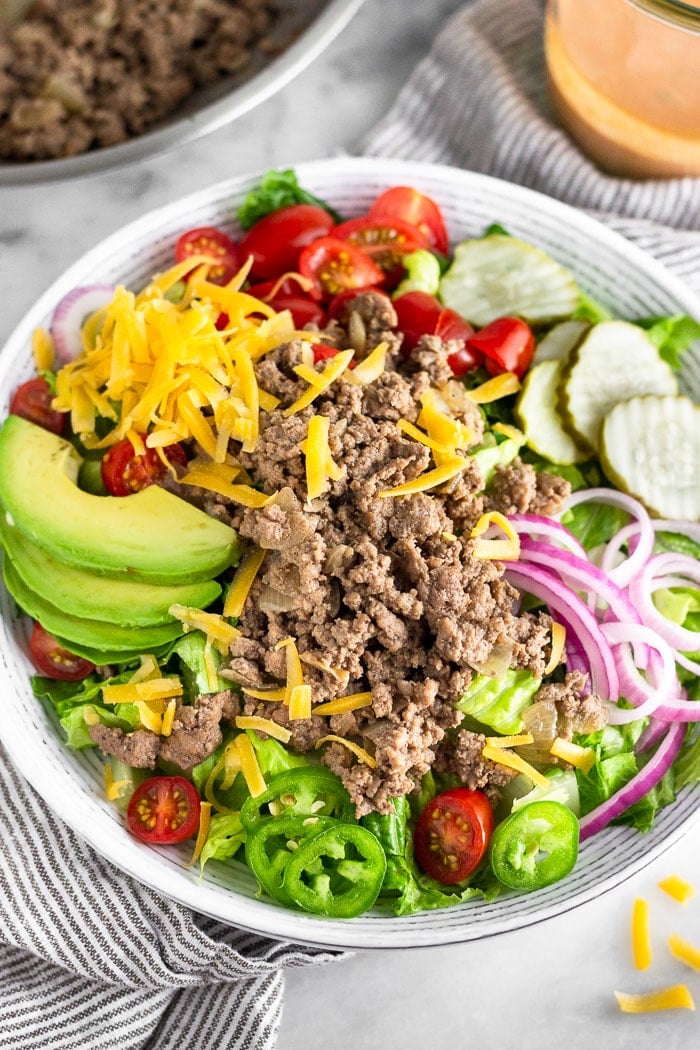 Burger Salad with Special Sauce Dressing (Paleo/Whole30 friendly)