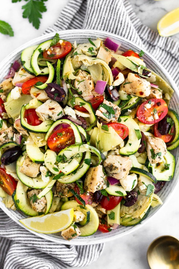 Greek Chicken Pasta Salad with Zucchini Noodles - Eat the Gains