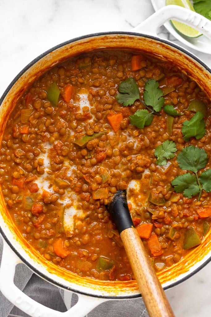 High protein vegan lentil soup in a large pot with a spoon coming out of it. It is topped with cilantro.