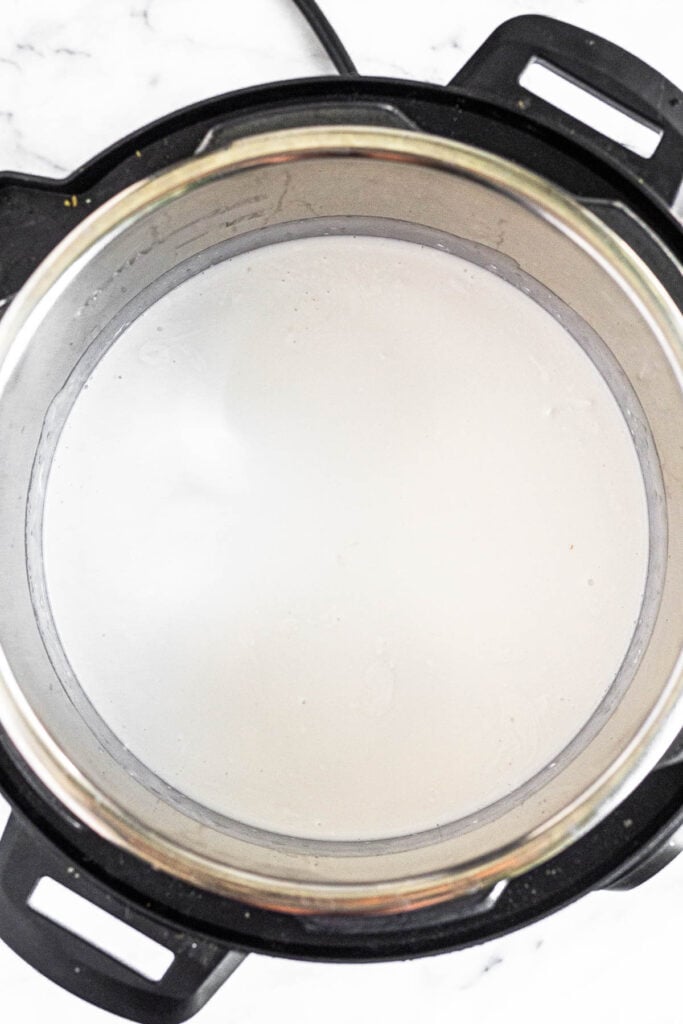 Pressure cooker filled with coconut milk mixed with white rice before it is cooked.