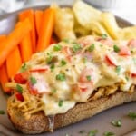 Chicken salad melt garnished with cilantro on a brown plate with sliced carrots and potato chips. Behind the plate is a striped kitchen towel and a bowl of cilantro.