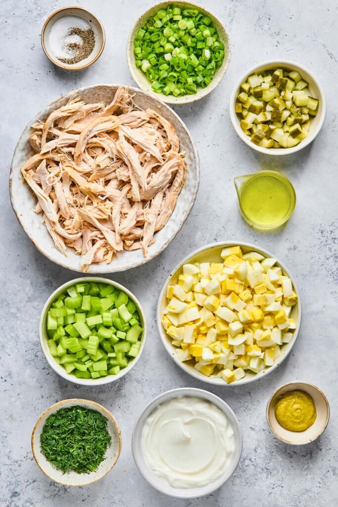 Grey concrete counter with a bowl of sliced green onions, a bowl of chopped pickles, a small dish of pickle juice, a bowl of chopped hard boiled eggs, a small bowl of dijon mustard, a bowl of greek yogurt, a bowl of chopped fresh dill, a bowl of diced celery, a bowl of shredded chicken, and a small bowl of salt and pepper on it.