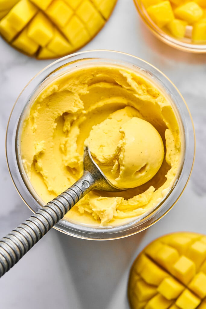 Ninja Creami pint container with mango frozen greek yogurt in it. A filled ice cream scoop is in the container. Around the container is fresh mango sliced from the seed.