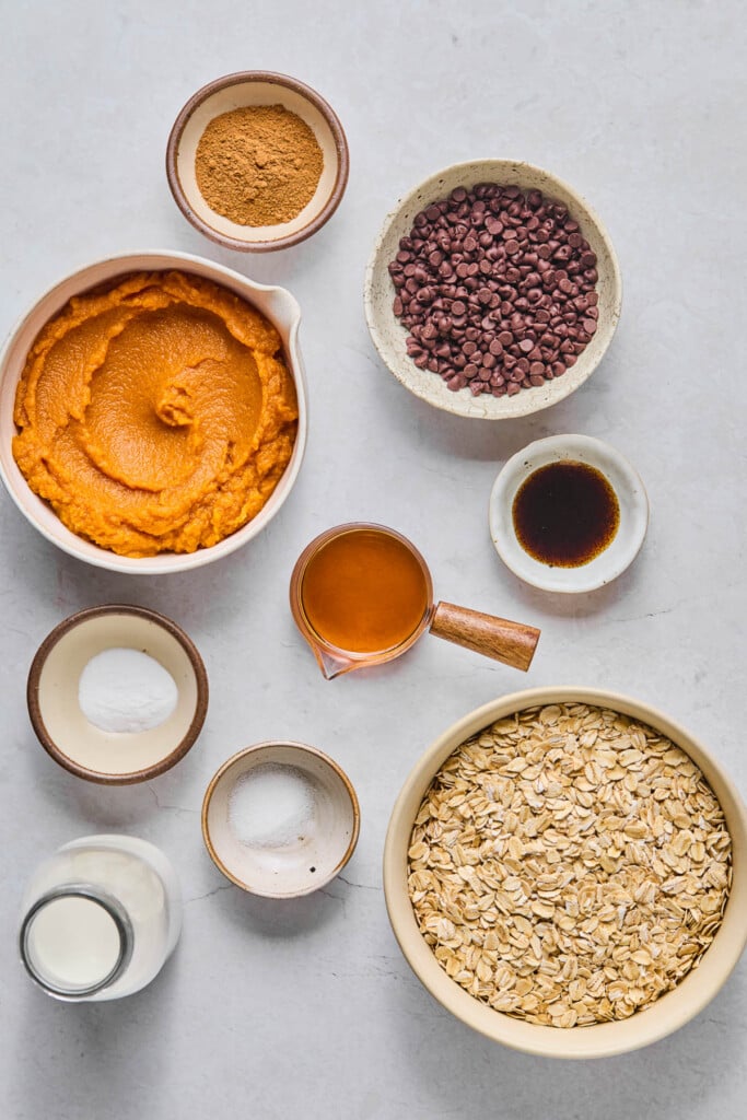 A bowl of mini chocolate chips, a small bowl of vanilla bean paste, a small measuring cup with maple syrup, a bowl of rolled oats, a small bowl of salt, a small jar of milk, a small bowl of baking powder, a bowl of pumpkin puree, and a small bowl of pumpkin spice on a grey concrete counter.