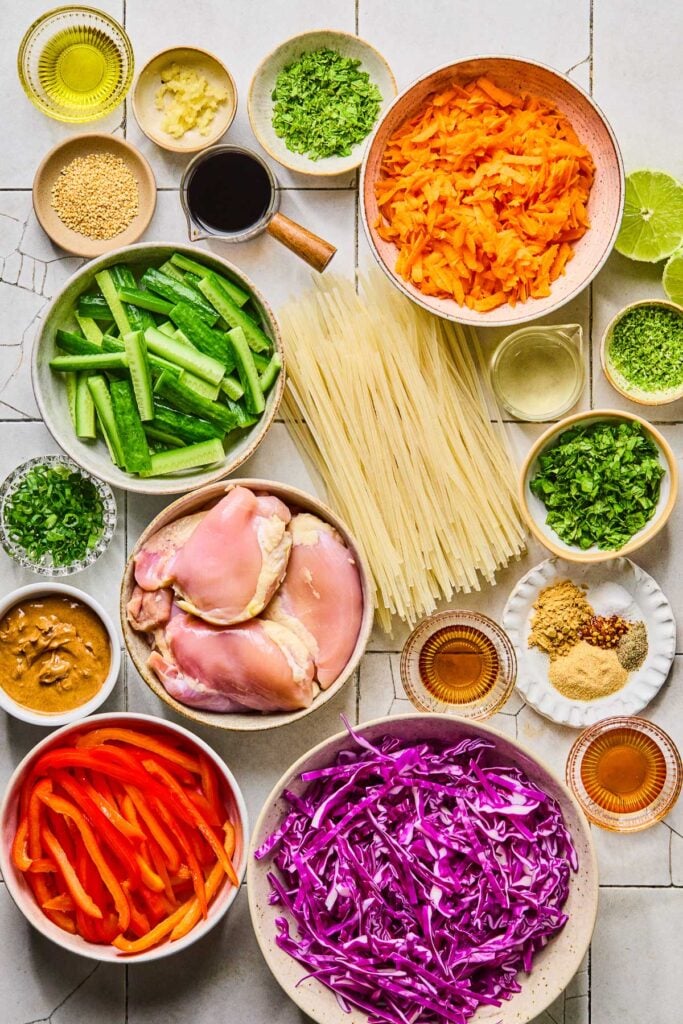 A bowl of shredded carrots, a lime that has been cut in half, a small bowl of lime zest, a small bowl of rice vinegar, a pile of uncooked rice noodles, a small bowl of sliced cilantro, a small plate with piles of different spices on it, a small bowl of sesame oil, a small bowl of honey, a bowl of shredded red cabbage, a bowl of sliced red bell pepper, a bowl of raw chicken thighs, a bowl of almond butter, a bowl of sliced scallions, a bowl of sliced cucumbers, a measuring cup of coconut aminos, a small bowl of sesame seeds, a small bowl of minced garlic, and a small bowl of olive oil on a white tile counter.