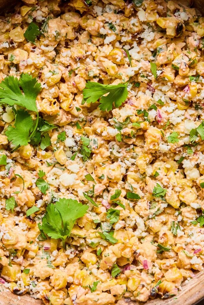 A close up of a bowl of street corn salad with cotija cheese, red onion, jalape&ntilde;os, and cilantro tossed in a creamy dressing. It is garnished with cilantro.