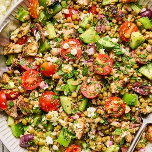 Mediterranean lentil salad with feta, seasoned chicken, veggies, olives, and fresh herbs in a large white bowl with a spoon in it. Around the bowl are some fresh herbs, a bowl of chopped herbs, a bowl of feta cheese, a bowl of sliced olives, and a blue kitchen towel.