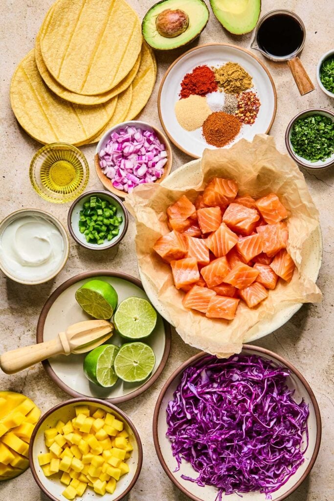 An avocado cut in half, a measuring cup of coconut aminos, a plate of piles of different spices, two small bowls of chopped cilantro, a bowl of raw cubed salmon, a bowl of shredded red cabbage, a bowl of diced mango, half a mango that has been sliced, a plate of halved limes with a wooden reamer on it, a small bowl of greek yogurt, a small bowl of diced jalape&ntilde;o, a small bowl of diced red onion, a small bowl of olive oil, and a pile of corn tortillas on a tan concrete counter.